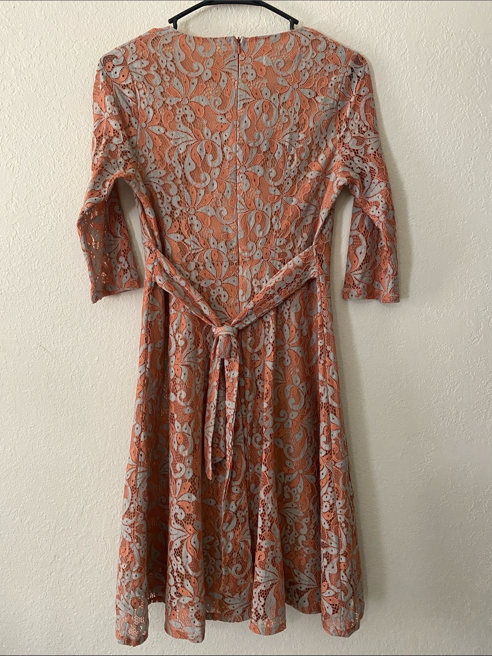 Women's Lace Overlay Fit-and-Flare Dress in Rust Orange and Light Blue - Picture 8 of 13
